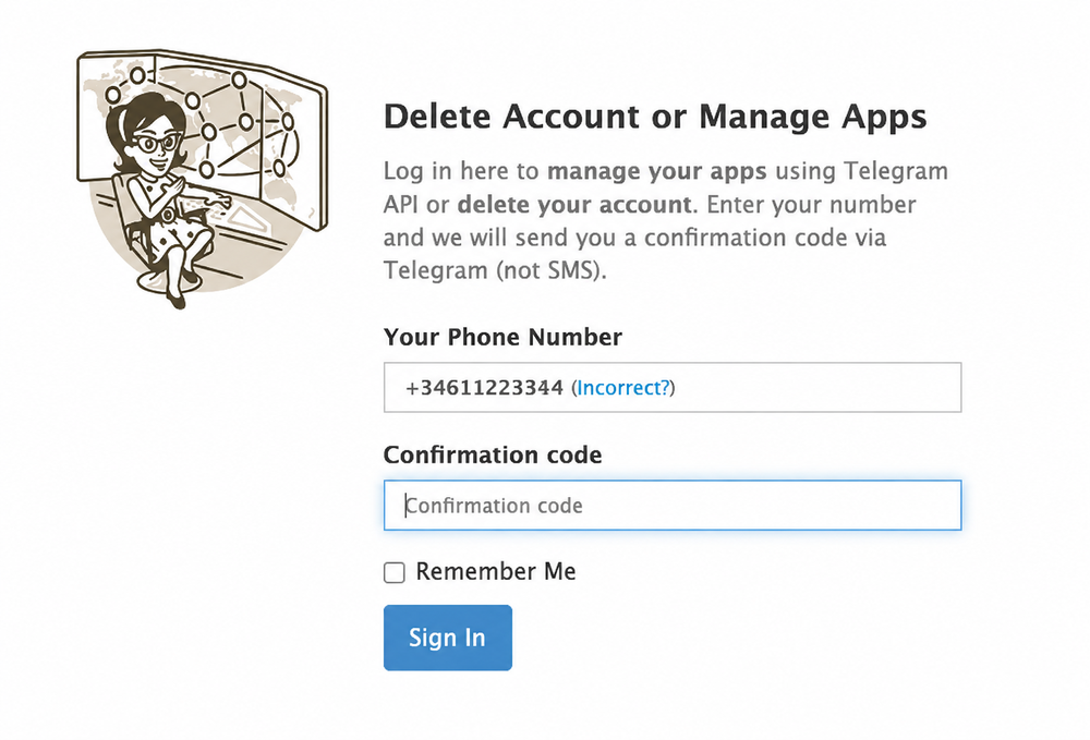 my.telegram.org: introducir el código y pulsar Sign In