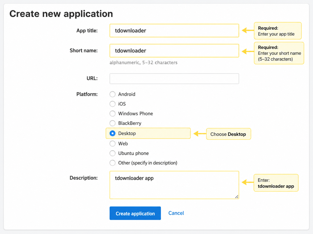 Formulario Create new application relleno
