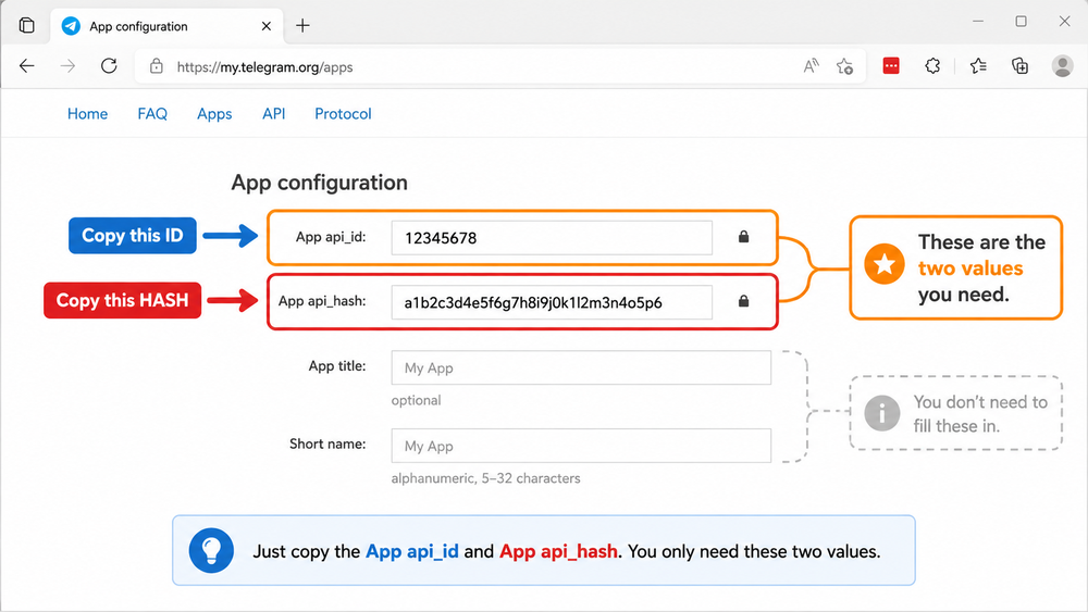 App configuration: copiar App api_id y App api_hash